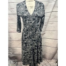 Agnes & Dora Black White Floral Paisley V-Neck 3/4 Sleeve Midi Dress Medium
