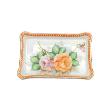 Porcelain Hand Painted Floral Vintage Trinket Dish Orange Flower & Trim Japan 