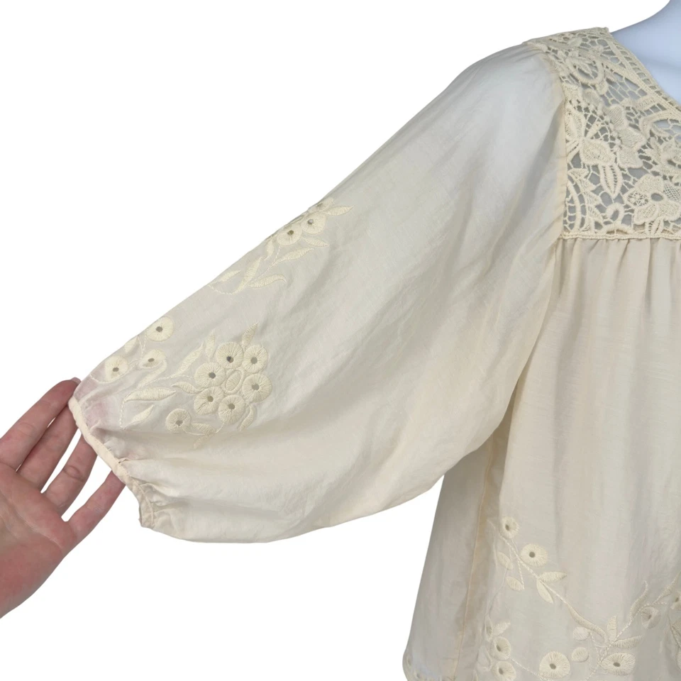 Blusa Hazel L Crema Algodón Seda Encaje Bordada Boho Campesina Top Forrada Foto 4 de 4