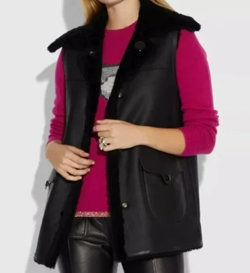 Chaleco de cuero de oveja de cordero COACH reversible cierre a presión negro talla 4 NUEVO Foto 2 de 4