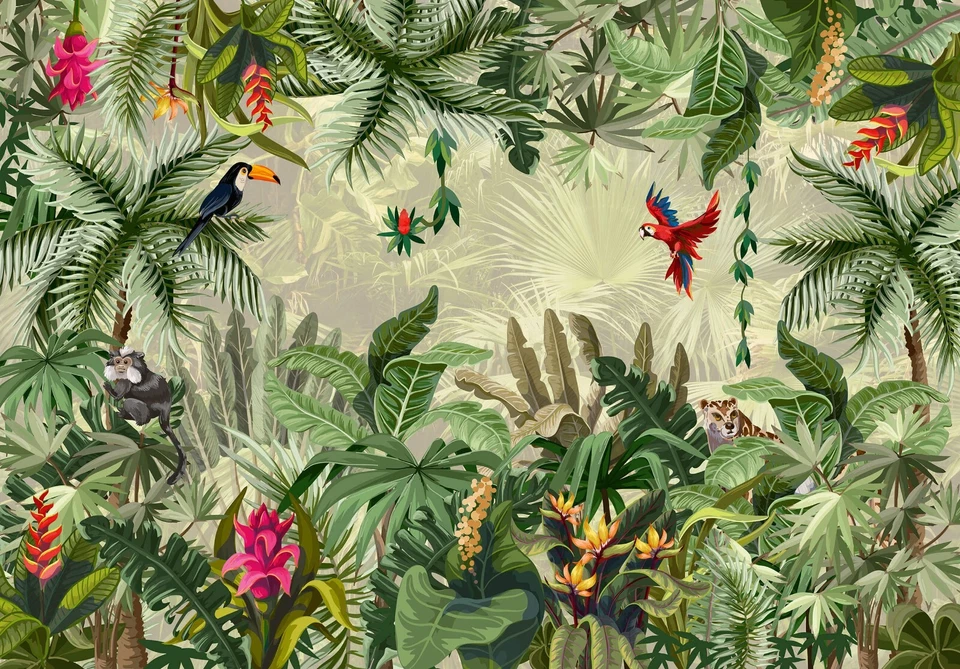 Papel pintado botánico 312x219 cm característica mural verde selva aves y loros Foto 3 de 4