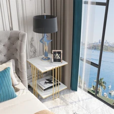 Marble Side Table Small Coffee Table 2-tier Storage Accent End Table Gold/black