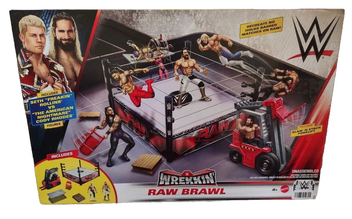 WWE Wrekkin Raw Brawl Ring Cody Rhodes Seth Rollins With Forklift