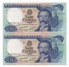 PORTUGAL 2 X 100 ESCUDOS 1965 PICK 169 RUNNING NUMBERS AUNC