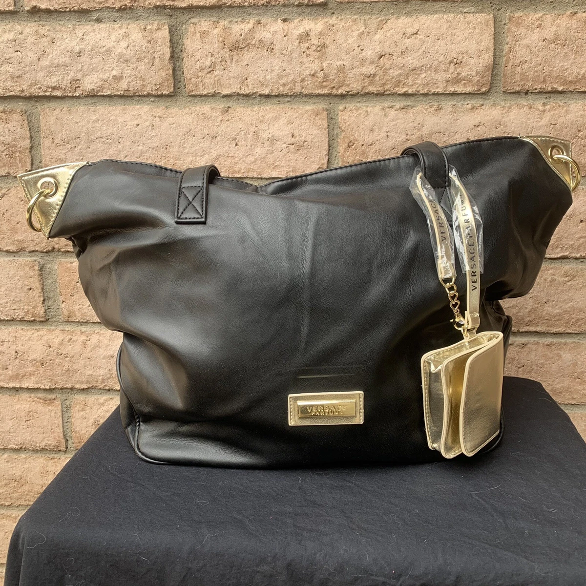Versace Parfum Black Tote Bag Weekender Overnight Goldtone Zipper Shoulder Strap