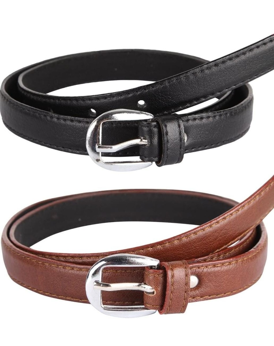 Women's Leather Casual Dress Plain Solid Colors Belt Silver Buckle Ladies New 