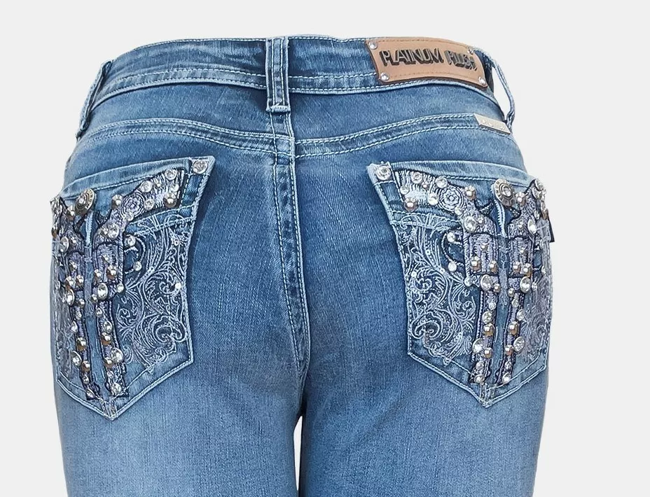 Women's Platinum Plush Jeans - Rhinestone Pistol Design