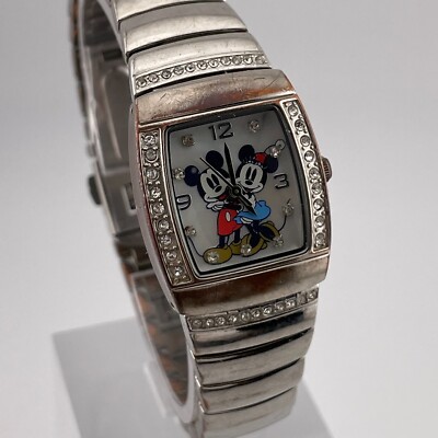 Mickey & Minnie Mouse Watch Womens 23mm Case Pearl Look Dial Quartz Gem Set