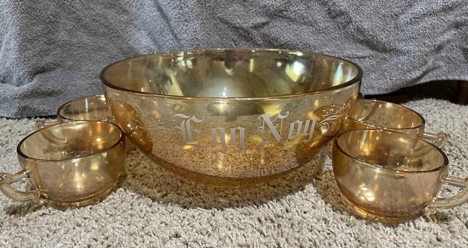 Vintage Jeannette Glass Egg Nog Set Marigold Iridescent Carnival Glass 6 cups