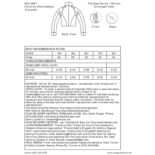 Past Patterns 0041 - Early 1800s US Army Jacket Pattern for Chest Size 46"-54" - Picture 3 of 3