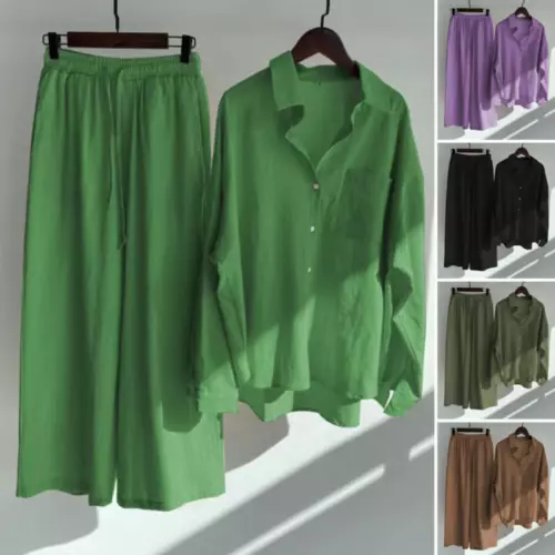 Women 2Pcs Cotton Linen Summer Blouse T Shirt Loose Pants Loungewear Outfit Set - Picture 1 of 40