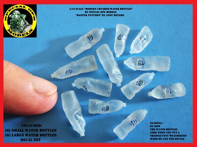 1/16 scale Modern Clear CRUSHED WATER BOTTLES Small & Large (12 pcs) with Decals