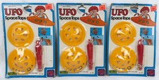 3 Vintage UFO Space Tops sets - Peg Toy - Hong Kong - aliens, rockets, martians