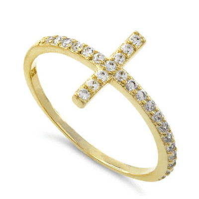 14k Yellow Gold Vermeil Sideways Cross Ring Sparkling CZ Pave Band Size 6 New