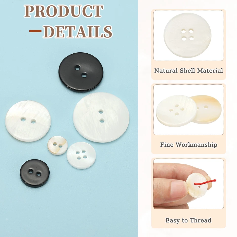 14件装天然贝壳纽扣,4孔23毫米圆形珍珠母纽扣,白色 — 第 3/4 张图片