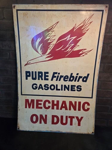 Vintage Original Pure Firebird Gasolines Mechanic On Duty Metal Sign Gas Station