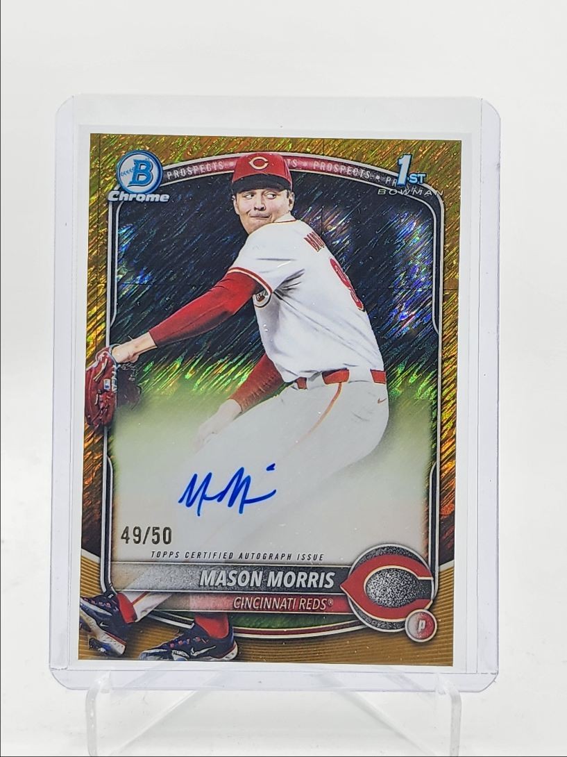 MASON MORRIS 2025 BOWMAN CHROME DRAFT 1ST GOLD SHIMMER AUTO /50 Q5498