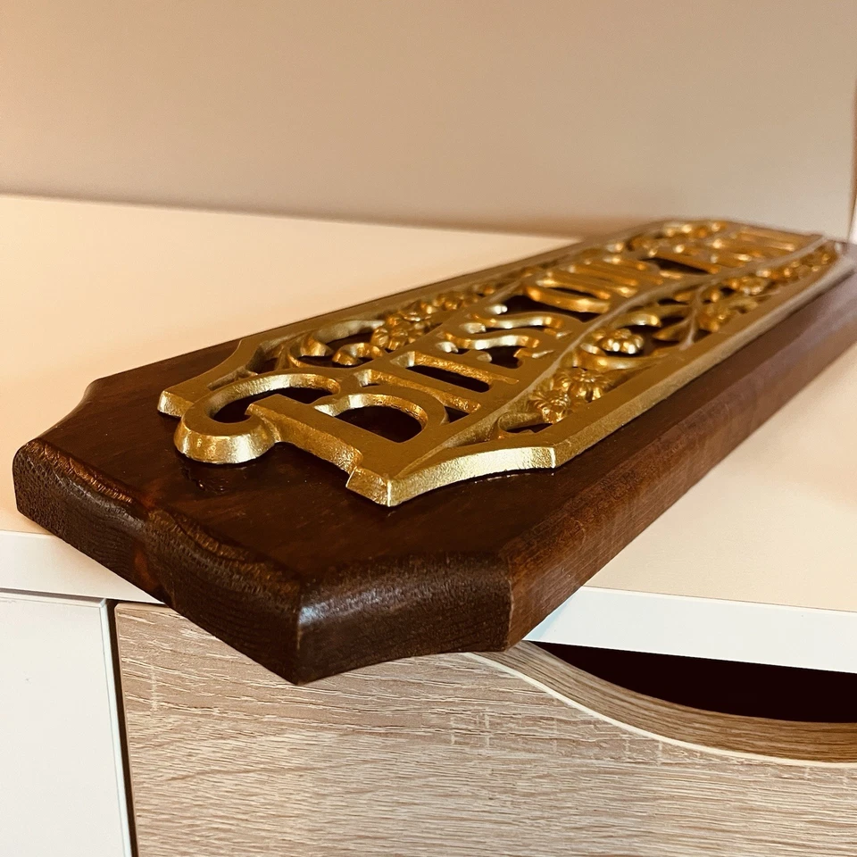 Vintage BLESS OUR HOME Brass Wood Sign God Country Farmhouse Cottage 17" - Image 4 of 4