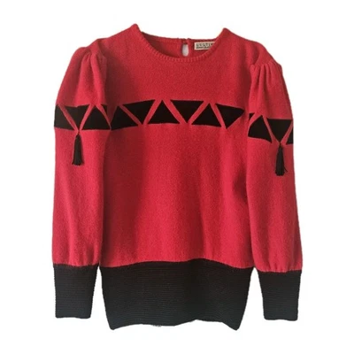Vintage 80er/90er geometrischer Strickpullover Angora & Lammwolle Quaste UK 8-10 - Bild 1 von 4