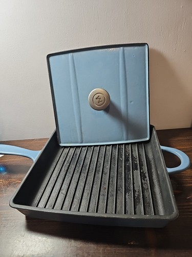11” Mario Batali Square Blue Enameled Cast Iron Grill Pan Panini Press w/Lid