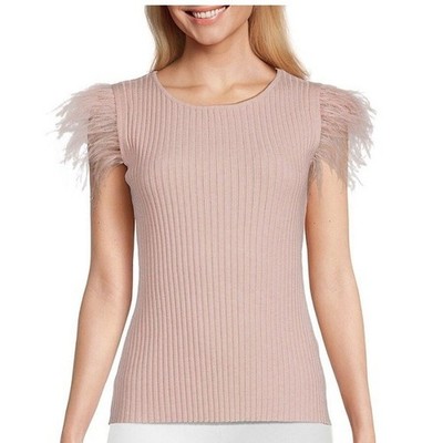 NWT Womens SIONI Milano Feather Trim Ribbed Knit Top stretch luscious size S