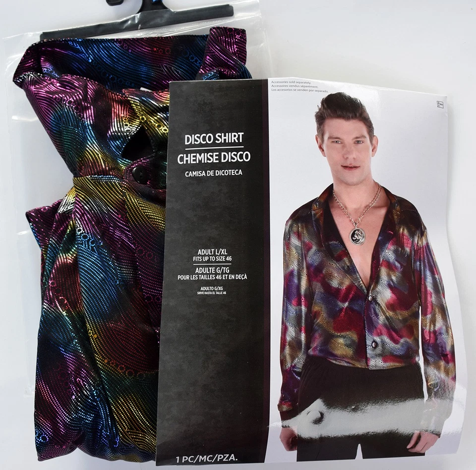 NUEVA Camisa Disco Años 70 Retro Metálica, Para Hombre Talla L/XL (hasta Talla 46) Multicolor Foto 4 de 4