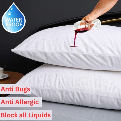 Pack of 2 4 100% Waterproof Terry Pillow Protectors Zipped Pillow Non Bug Covers - Picture 2 of 44
