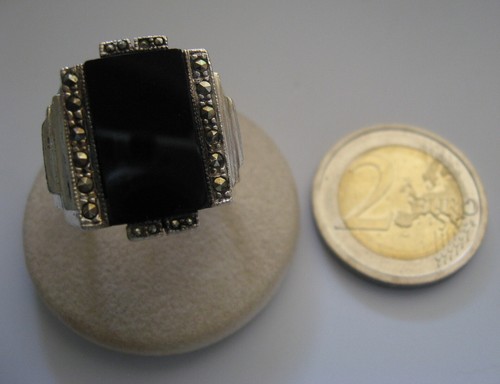 ANELLO UOMO A FASCIONE IN ARGENTO 925 CON MARCASITI E ONICE ORIGINALE VINTAGE - Foto 4 di 13