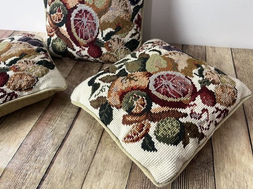 Juego de 3 almohadas de punta de aguja de diseño de frutas vintage 100 % lana con respaldo de terciopelo - Imagen 4 de 6