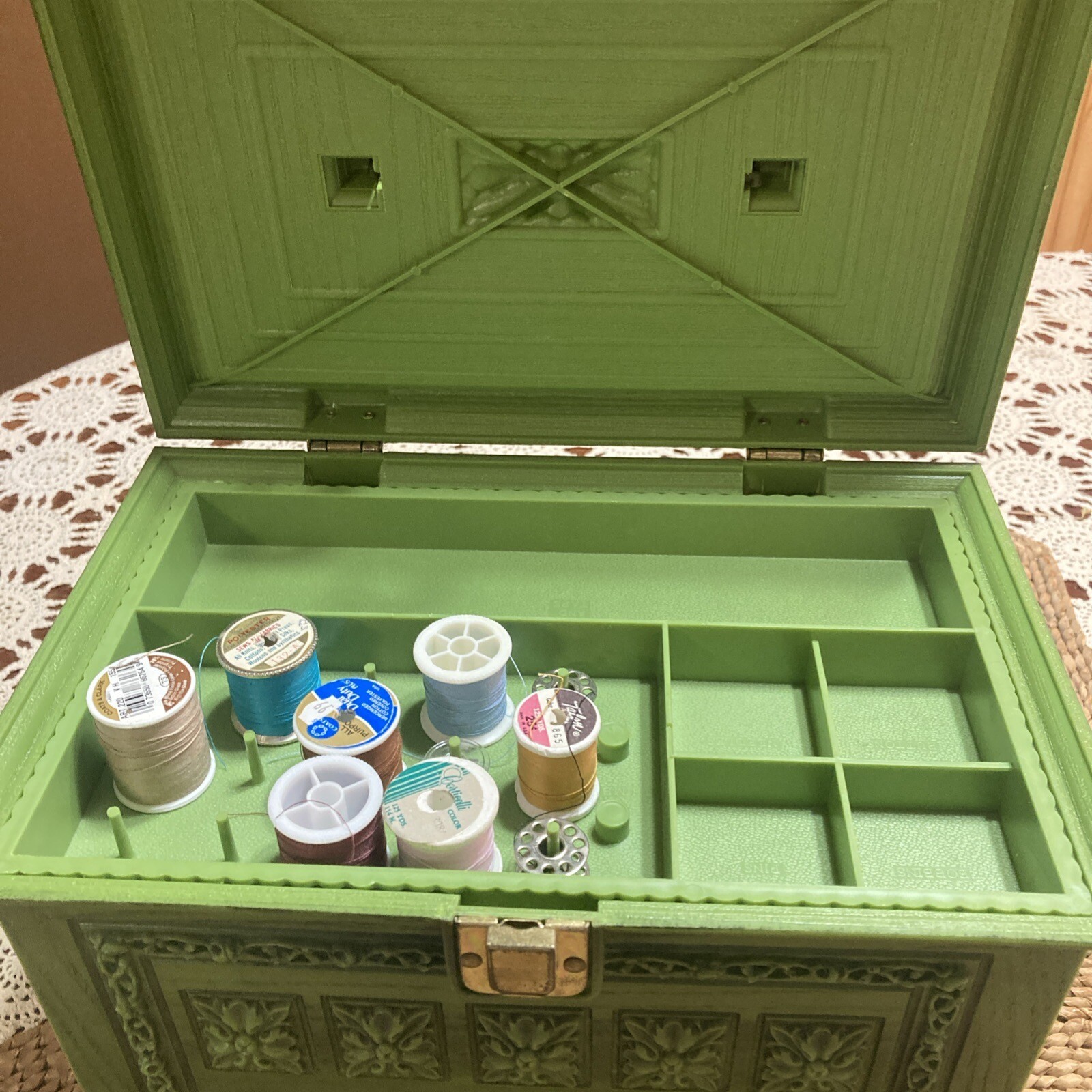 Vtg 70s MAX KLEIN Avocado Olive Green Plastic Sewing Box Case Tray Retro Thread