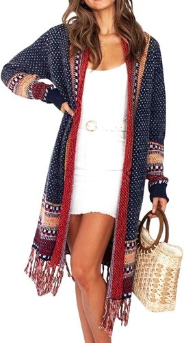 CCC Bohemian Aztec Tribal Print Knit Cardigan Fringe Multicolor Pattern Sweater - Picture 4 of 12