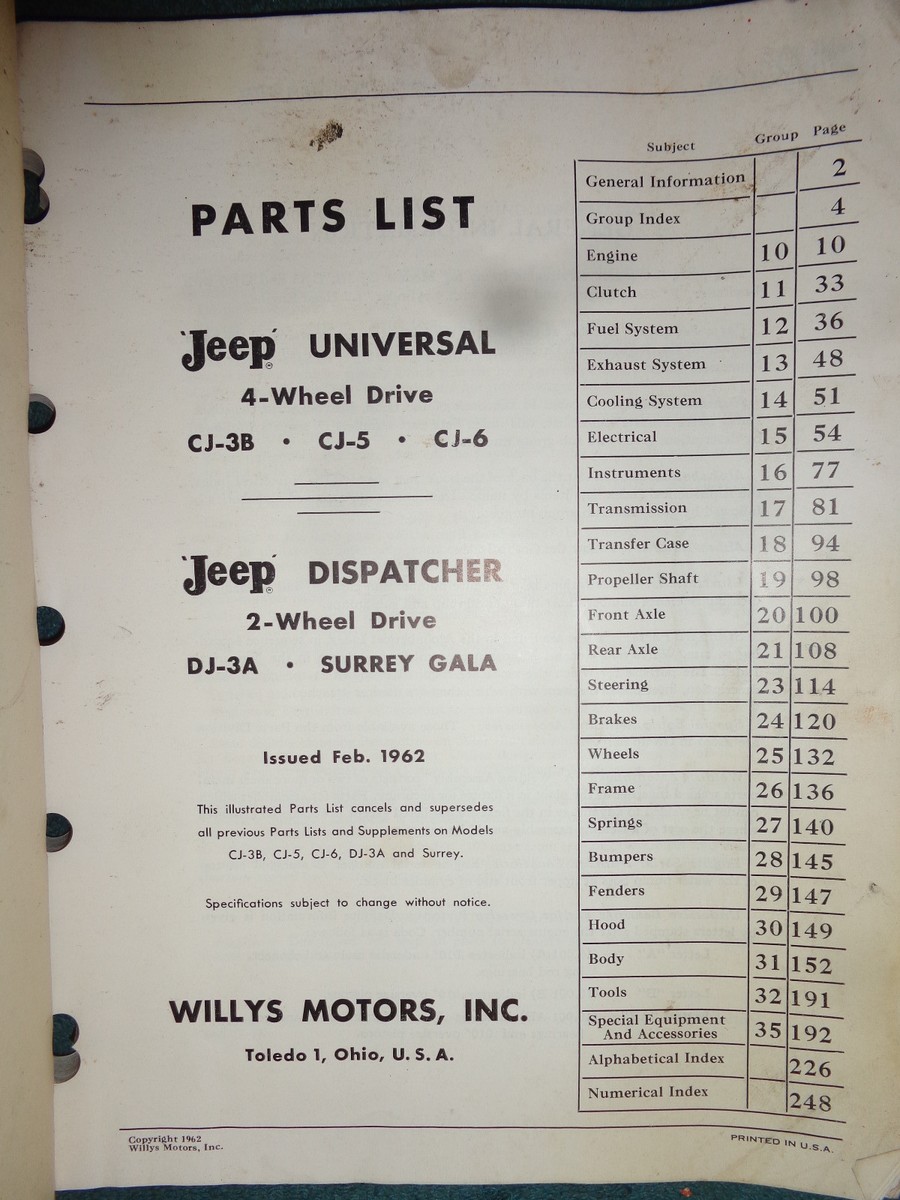 1962 & PRIOR WILLYS JEEP PARTS CATALOG / ORIGINAL CJ-3B / CJ-5