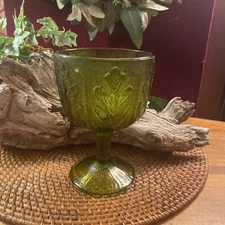 Vintage FTD Green Glass Goblet Vase 6.5" Tall Oak Leaves 1975 Candy Dish