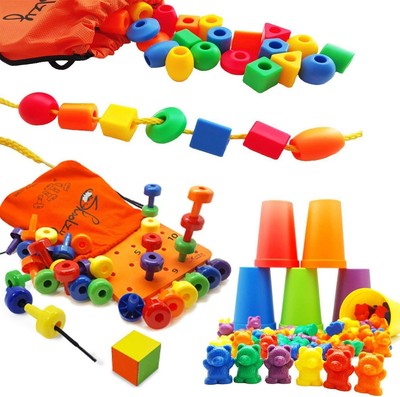 Skoolzy Rainbow Lacing Beads Counting Bears and Peg Board 139 Pieces Bundle -...