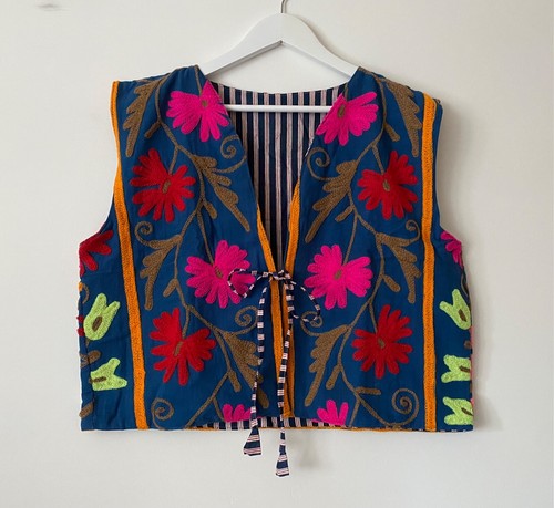 SUZANI ARTISAN MADE 100% COTTON WAISTCOAT GILET EMBROIDERY FESTIVAL M L XL - Picture 12 of 13