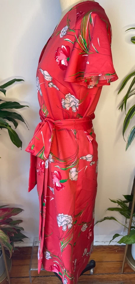 VESTIDO ENVOLVENTE VINTAGE AÑOS 70 BOHO DISCO ROJO Y BLANCO VERDE FLORAL MANGA ACAMPANADA CINTURÓN*S/M Foto 3 de 4