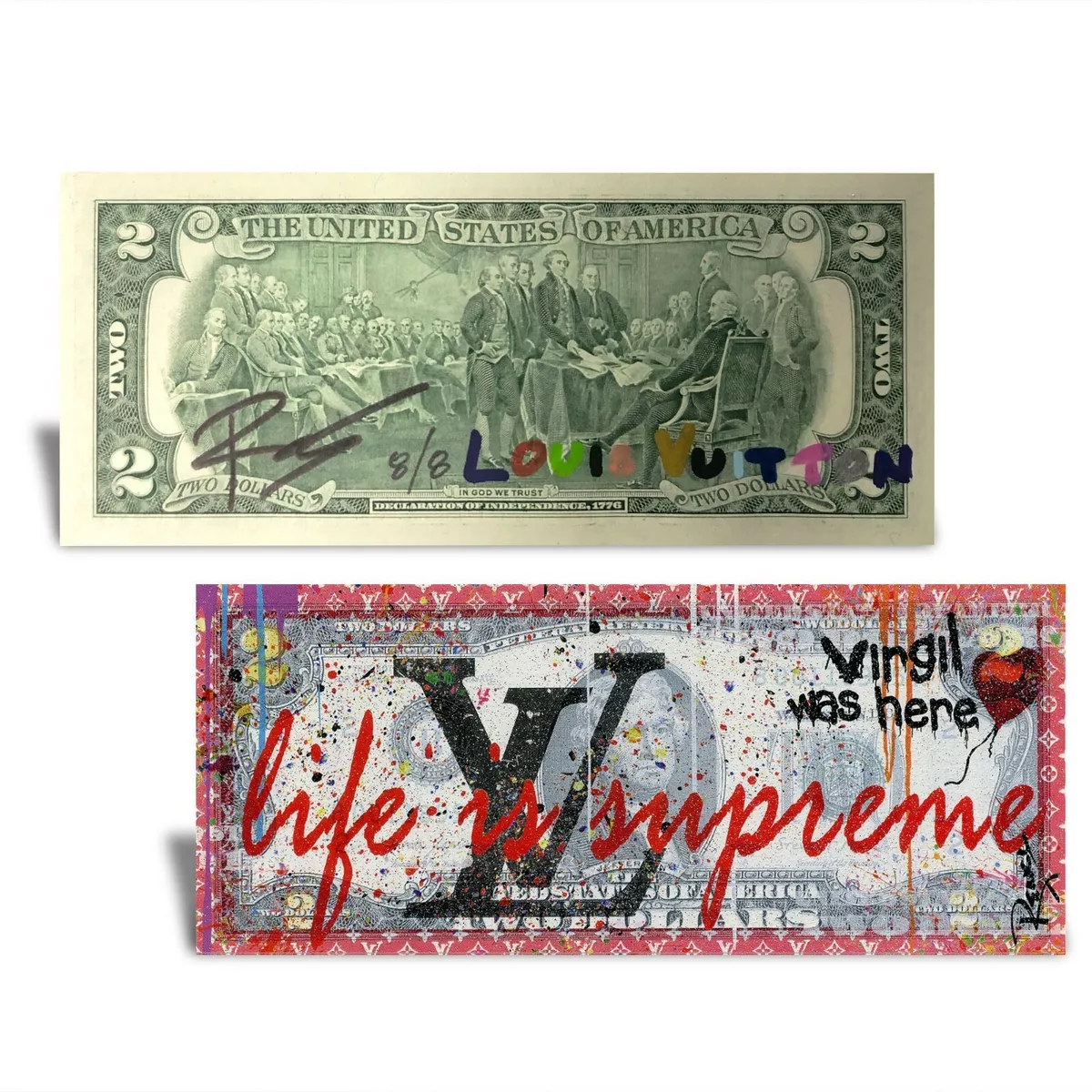 LIFE IS SUPREME White LOUIS VUITTON Virgil RENCY DIAMOND DUST $2 Bill SN #  of 8