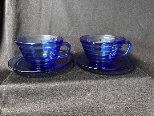 Set of 4 Cups and Saucers Hazel Atlas Moderntone Cobalt Blue Depression Glass - Picture 12 of 14