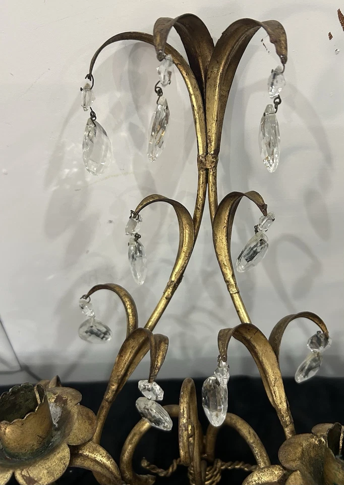 Apliques de vela de pared dorados Hollywood Regency de colección prismas ITALIA 15" Foto 4 de 4