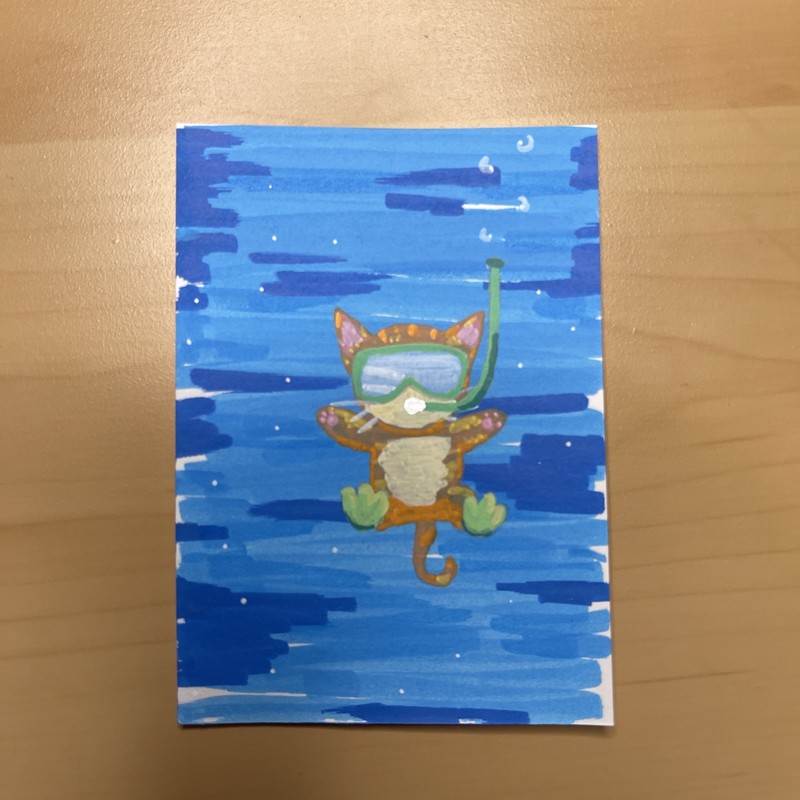 ACEO Original Cat Ocean Tabby Brown Kitty Scuba Acrylic painting by Sharkuchhie