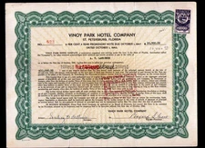 1942  St Petersburg Florida - Vinoy Park Hotel Co  - EX RARE Stock Certificate