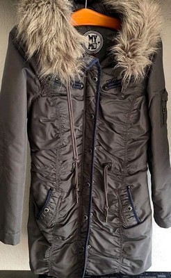 MYMO Damen Parka Mantel lang grau Kapuze Fellbesatz Nylon Gr. M