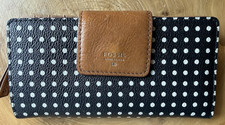 Fossil Women's Clutch Wallet Black  White Polka Dot With Tan Leather Accent