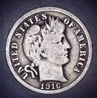 Vintage 1916-P WWI Barber Dime 10 Cent 90% Silver Coin Circulated