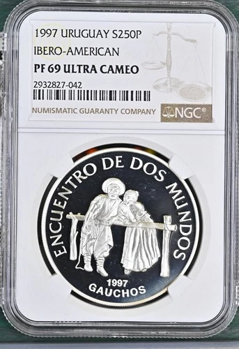 1997 URUGUAY SILVER 250 PESOS IBERO AMERICAN GAUCHOS NGC PF 69 ULTRA CAMEO 