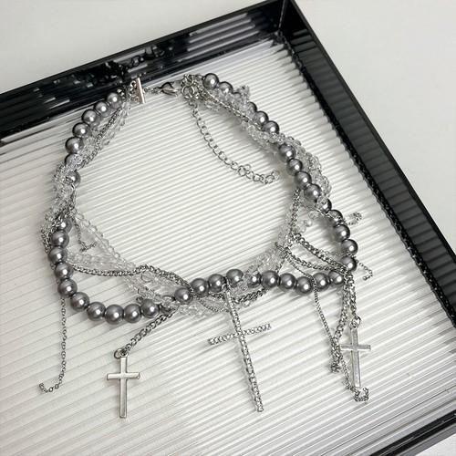 Multi-Layer Pearl Necklace Spice Girl Cross Pendant Necklace Women's Choker - Picture 12 of 12