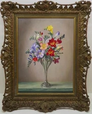 Original English Realist Oil Painting STILL LIFE FREESIA FLOWERS by James Noble