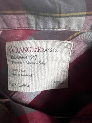 Wrangler Jeans Co. Shirt Men's Size 2X-Large Long Sleeve Pocket Red Plaid Button - Picture 5 of 6