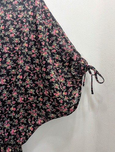 Top manga kimono floral transparente rosa y oliva talla M blusa cuello en V cintura elástica - Imagen 5 de 8