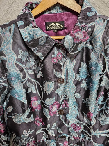 Cappotto donna Nancy Mac taglia 4 UK 14 - 16 100% seta grigio blu rosa floreale designer - Foto 6 di 8